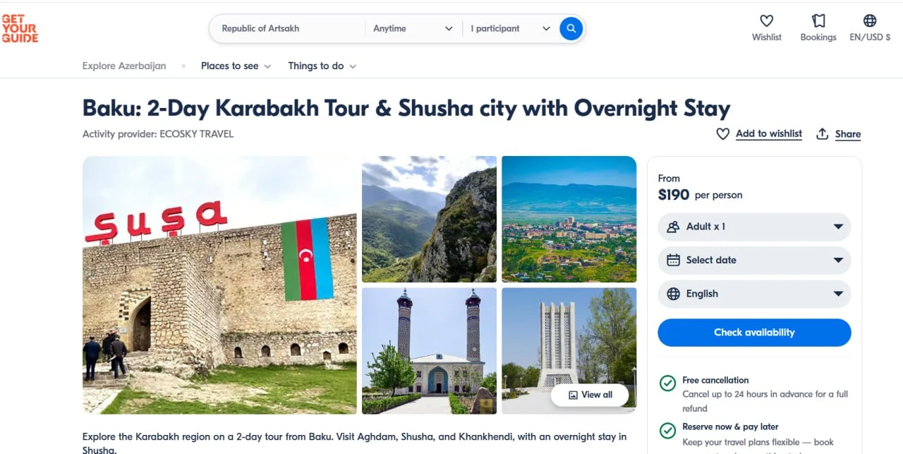 Booking. Com-ը  և GetYourGuide.com-ը գովազդում  են Շուշիի մզկիթը, որը վերանորոգել է Բաքվի բանտում գտնվող Ռուբեն Վարդանյանը