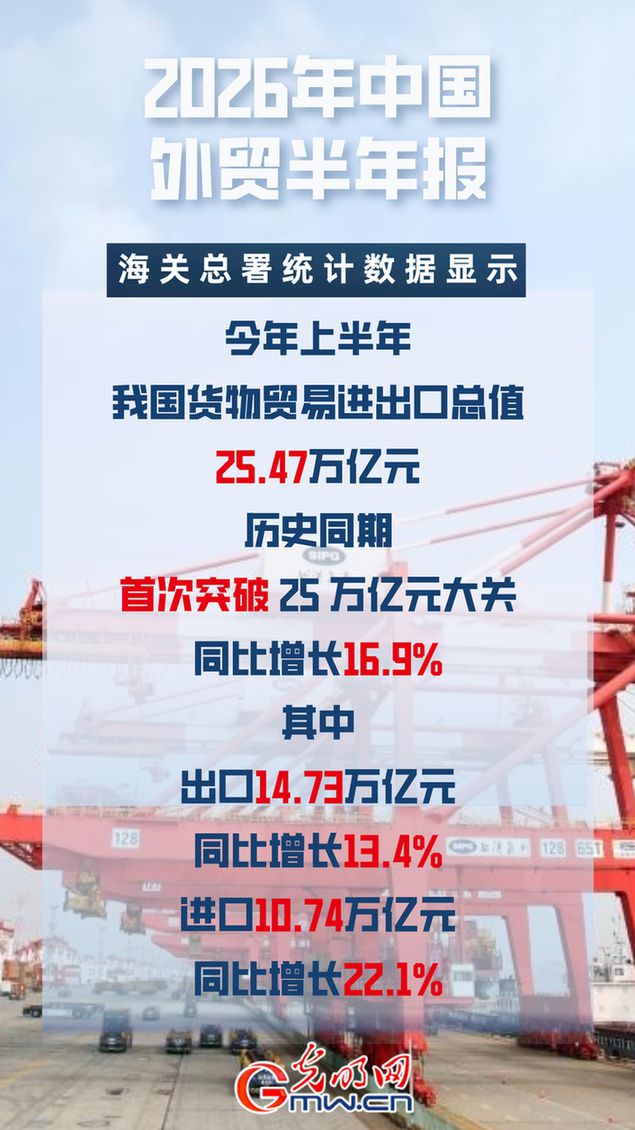 上半年我国货物贸易进出口总值达25.47万亿元 同比增长16.9%