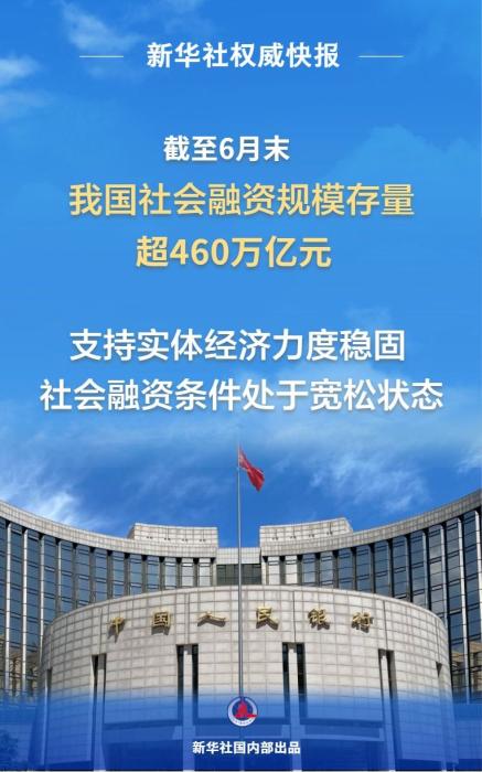6月末我国社会融资规模存量超460万亿元