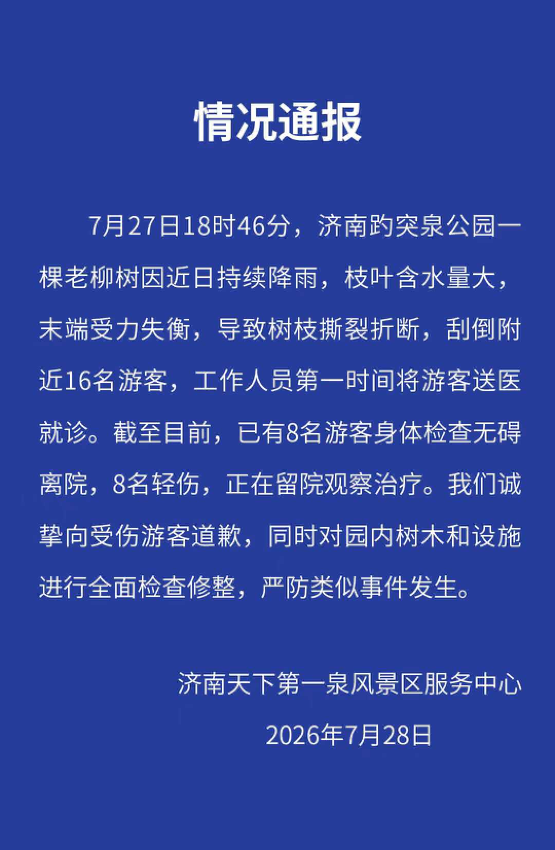 济南趵突泉公园一柳树树枝折断刮倒16名游客 景区通报：8人受轻伤