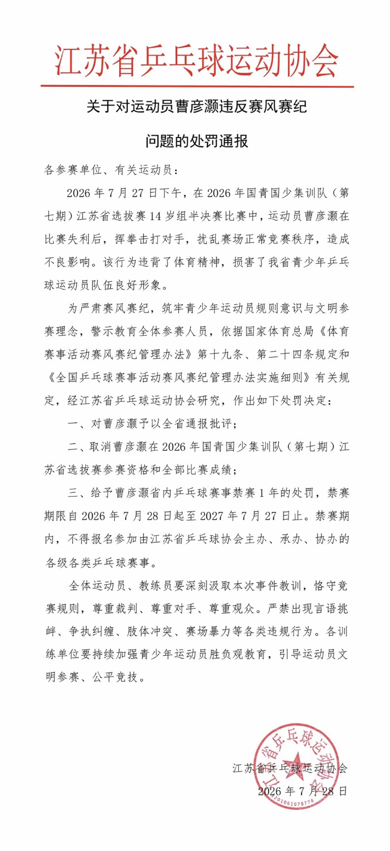 比赛失利后挥拳击打对手 乒乓球运动员曹彦灏被处罚并禁赛1年